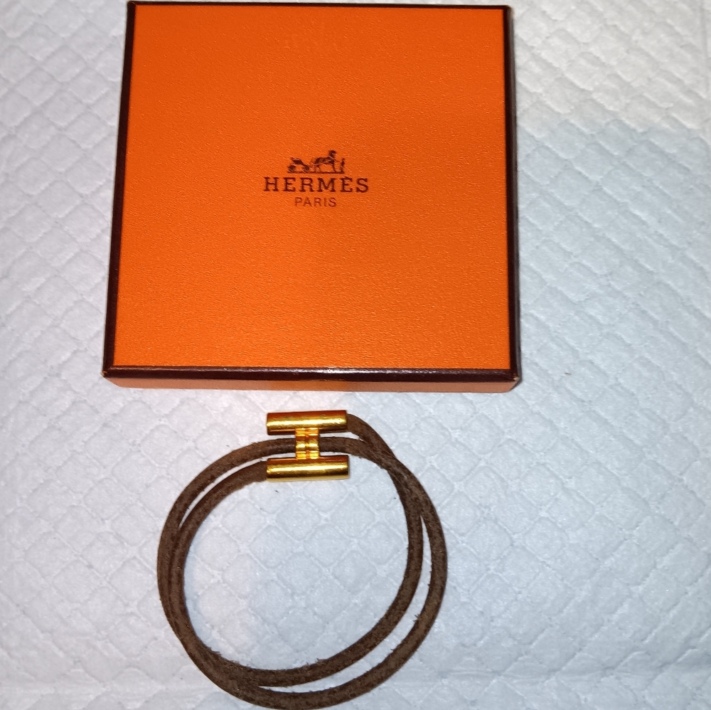 Hermes Gold Tone H Leather Double Wrap Bracelet